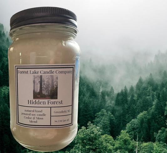 16 ounce mason jar soy candle. Hidden forest.